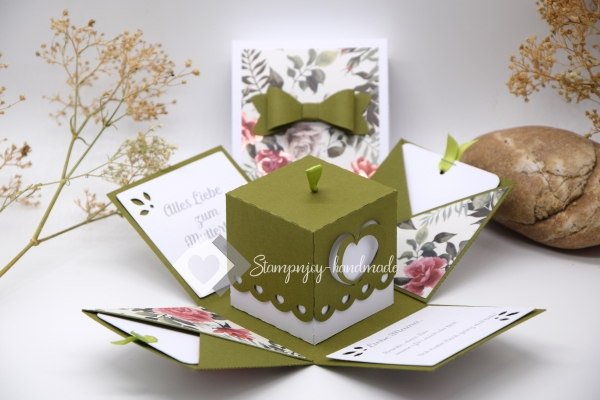 Explosionsbox Muttertag/ Runder Geburtstag | Geldgeschenk | Herzschachtel | Motiv: Blüten floral | olivgrün weiß | Art. Nr. 06020601