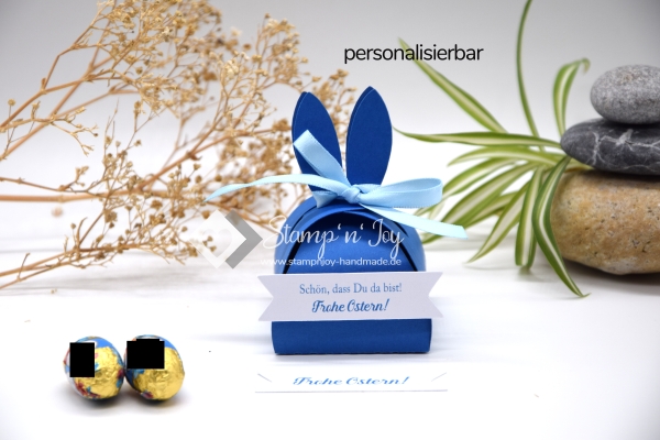Gastgeschenk Ostern personalisierbar | Goodie Ostergeschenk | Zierschachtel | Motiv: Hasenohren | blau weiß | Art. Nr. 07050502