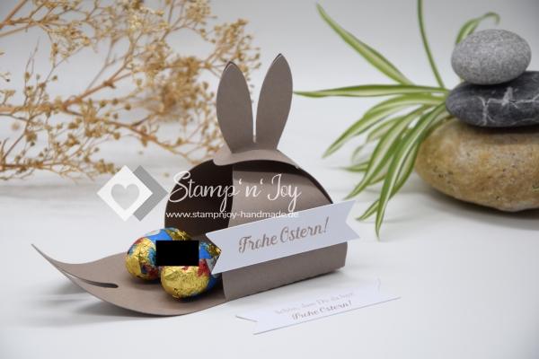 Gastgeschenk Ostern personalisierbar | Goodie Ostergeschenk | Zierschachtel | Motiv: Hasenohren | taupe weiß | Art. Nr. 07050702