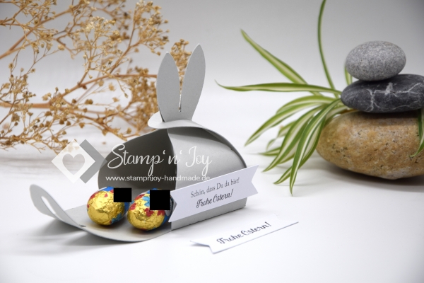 Gastgeschenk Ostern personalisierbar | Goodie Ostergeschenk | Zierschachtel | Motiv: Hasenohren | grau weiß | Art. Nr. 07050801