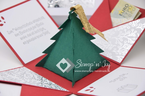 Explosionsbox Weihnachten | Geldgeschenk | 3D Tannenbaum | Schütteldeckel | Motiv: Zweige | rot weiß | Art. Nr. 10020204