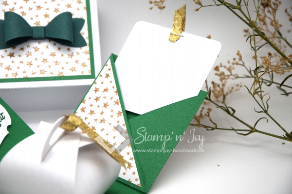 Explosionsbox Weihnachten | Geldgeschenk | Zierschachtel | Motiv: goldene Sterne | grün weiß | Art. Nr. 10020603