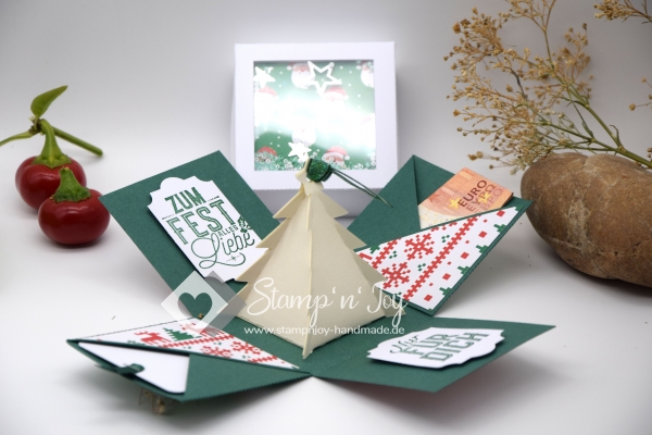 Explosionsbox Weihnachten | Geldgeschenk | 3D Tannenbaum | Schütteldeckel | Motiv: Nikolaus | rot grün | Art. Nr. 10020606