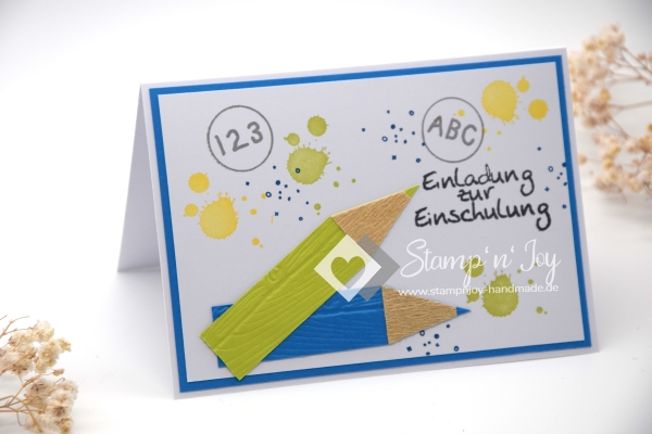 Einladungskarten Einschulung Schule personalisierbar | Motiv: Buntstift mit Farbkleckse | pazifikblau | Art. Nr. 13090501